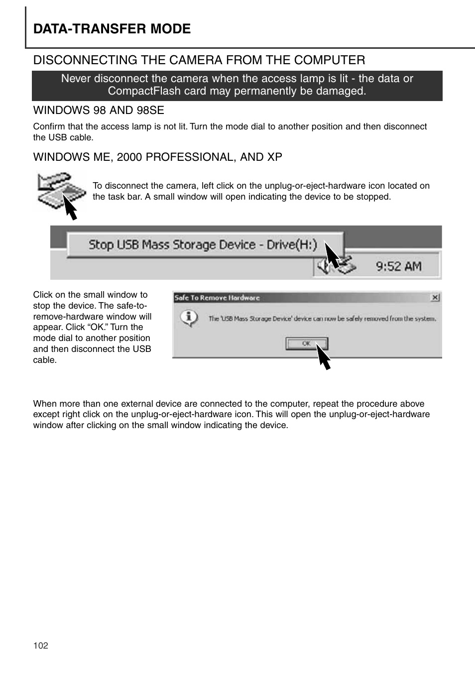 Disconnecting the camera from the computer, Data-transfer mode | Konica Minolta DiMAGE S404 User Manual | Page 102 / 116