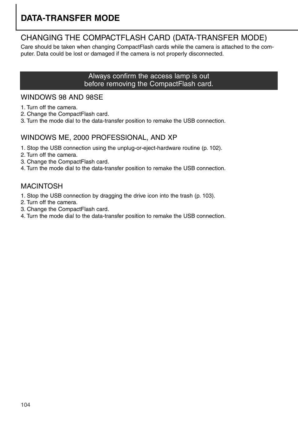 Data-transfer mode | Konica Minolta DiMAGE S404 User Manual | Page 104 / 116