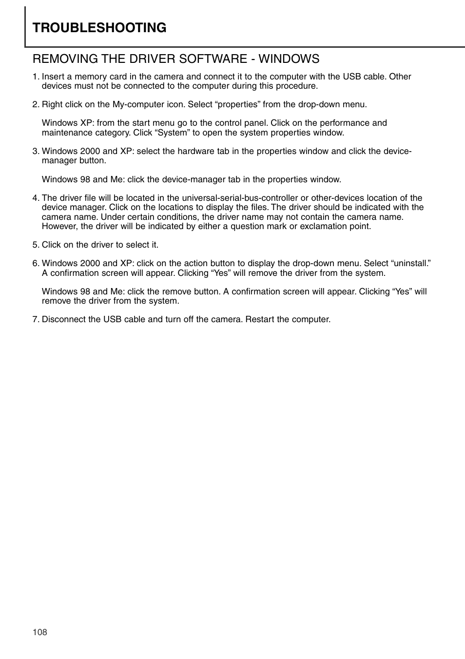 Removing the driver software - windows, Troubleshooting | Konica Minolta DiMAGE S404 User Manual | Page 108 / 116