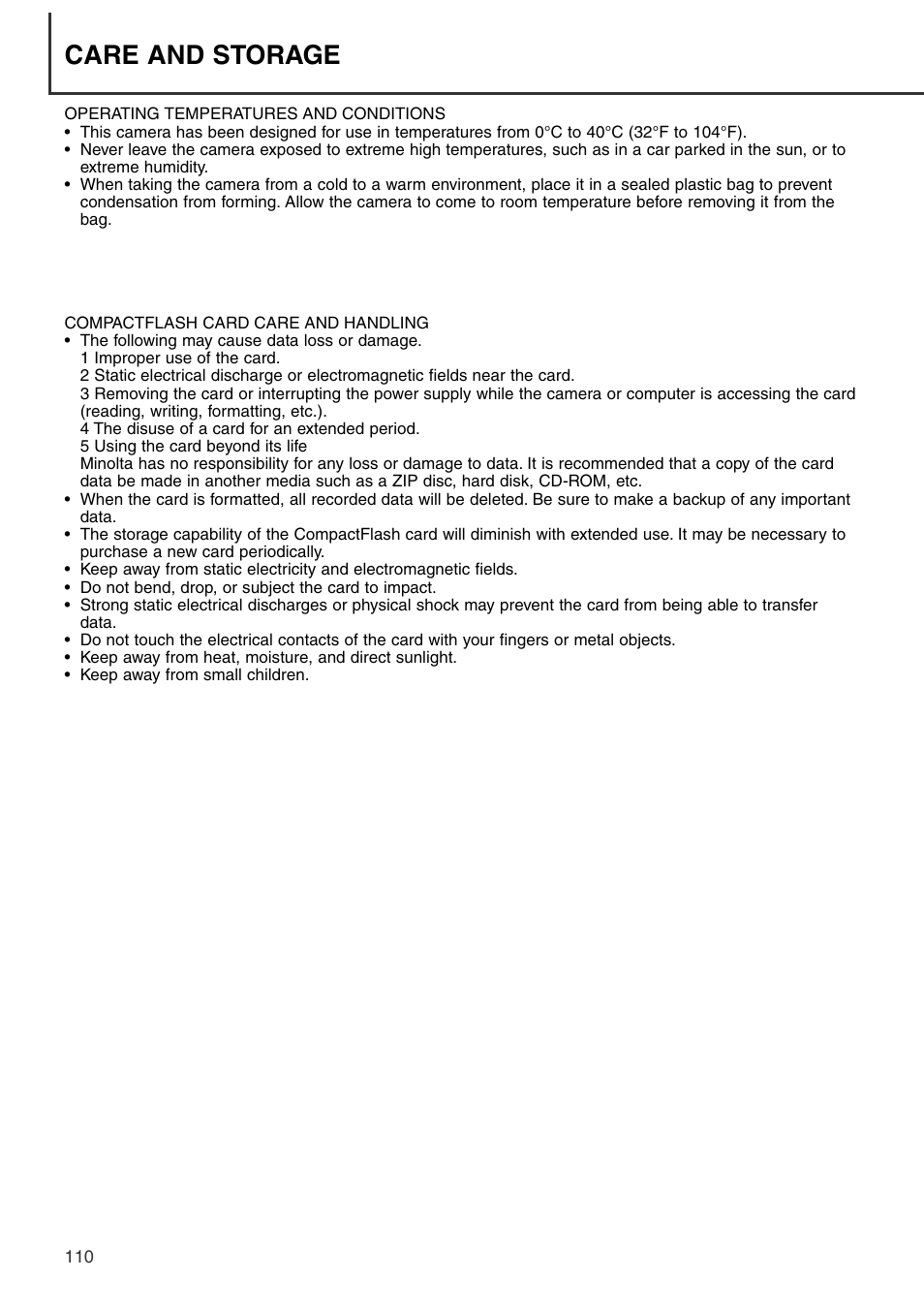 Care and storage | Konica Minolta DiMAGE S404 User Manual | Page 110 / 116