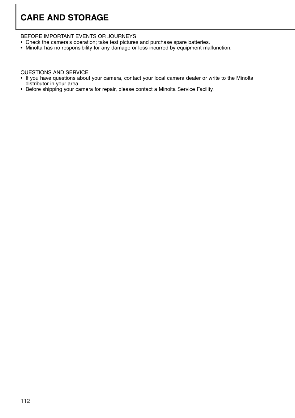 Care and storage | Konica Minolta DiMAGE S404 User Manual | Page 112 / 116