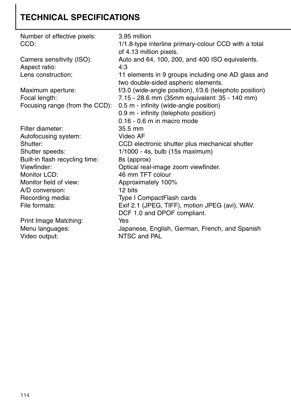 Technical specifications | Konica Minolta DiMAGE S404 User Manual | Page 114 / 116