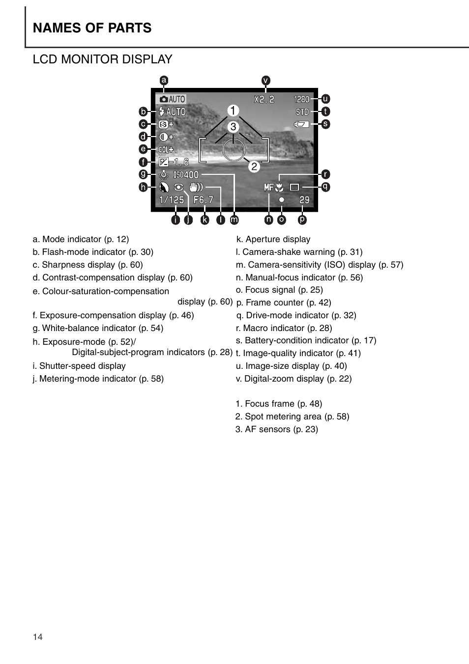 Lcd monitor display, Names of parts | Konica Minolta DiMAGE S404 User Manual | Page 14 / 116