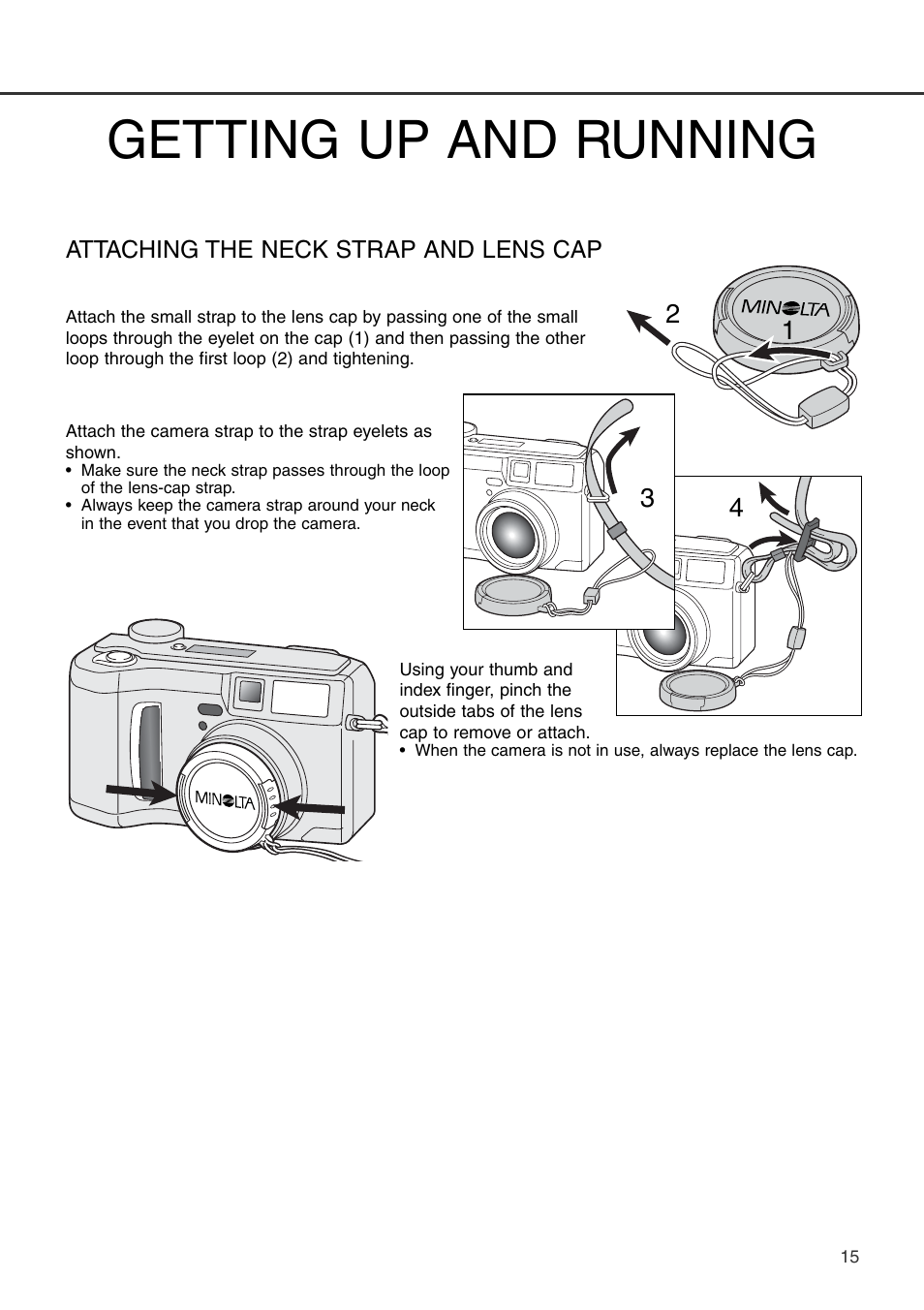 Getting up and running, Attaching the neck strap and lens cap | Konica Minolta DiMAGE S404 User Manual | Page 15 / 116