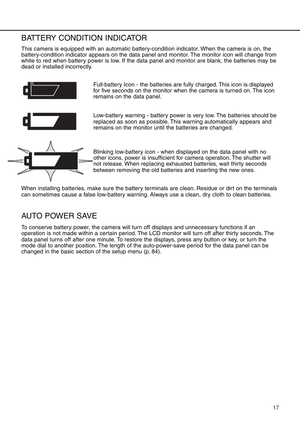 Battery condition indicator auto power save, Battery condition indicator, Auto power save | Konica Minolta DiMAGE S404 User Manual | Page 17 / 116