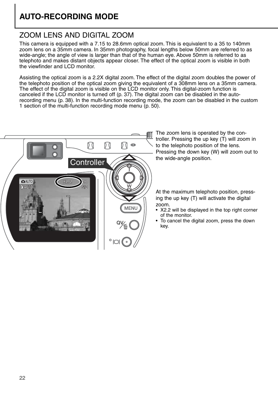 Zoom lens and digital zoom, Auto-recording mode, Controller | Konica Minolta DiMAGE S404 User Manual | Page 22 / 116