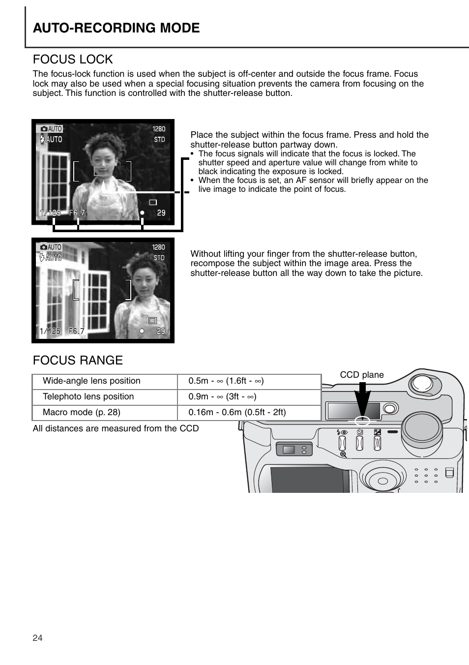 Focus lock focus range, Auto-recording mode, Focus lock | Focus range | Konica Minolta DiMAGE S404 User Manual | Page 24 / 116