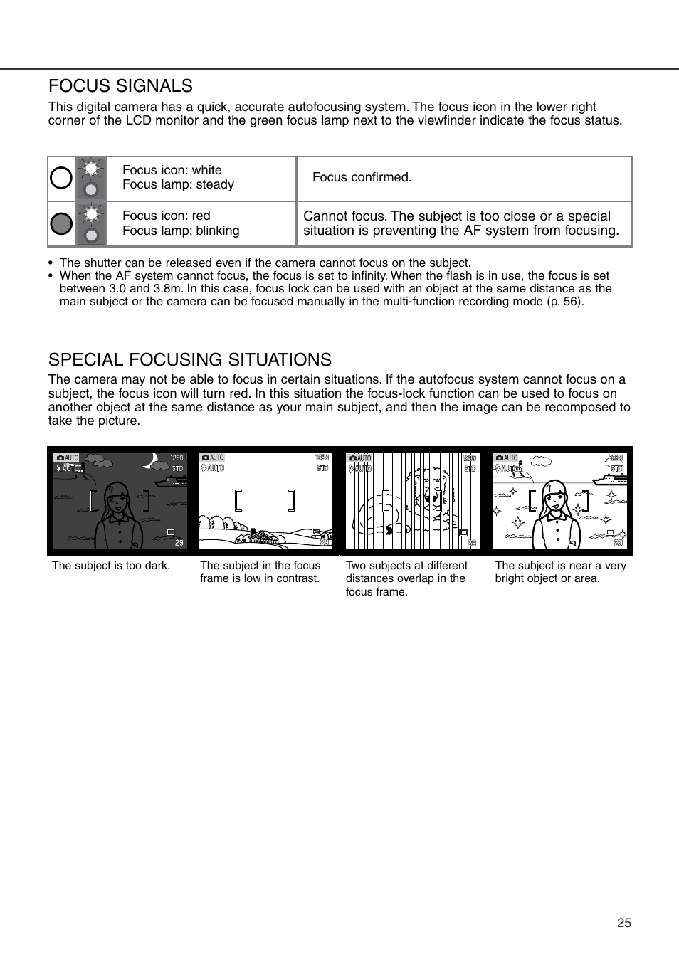 Focus signals, Special focusing situations, Focus signals special focusing situations | Konica Minolta DiMAGE S404 User Manual | Page 25 / 116