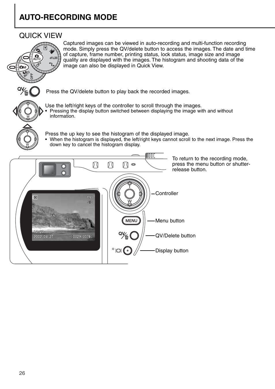 Quick view, Auto-recording mode | Konica Minolta DiMAGE S404 User Manual | Page 26 / 116