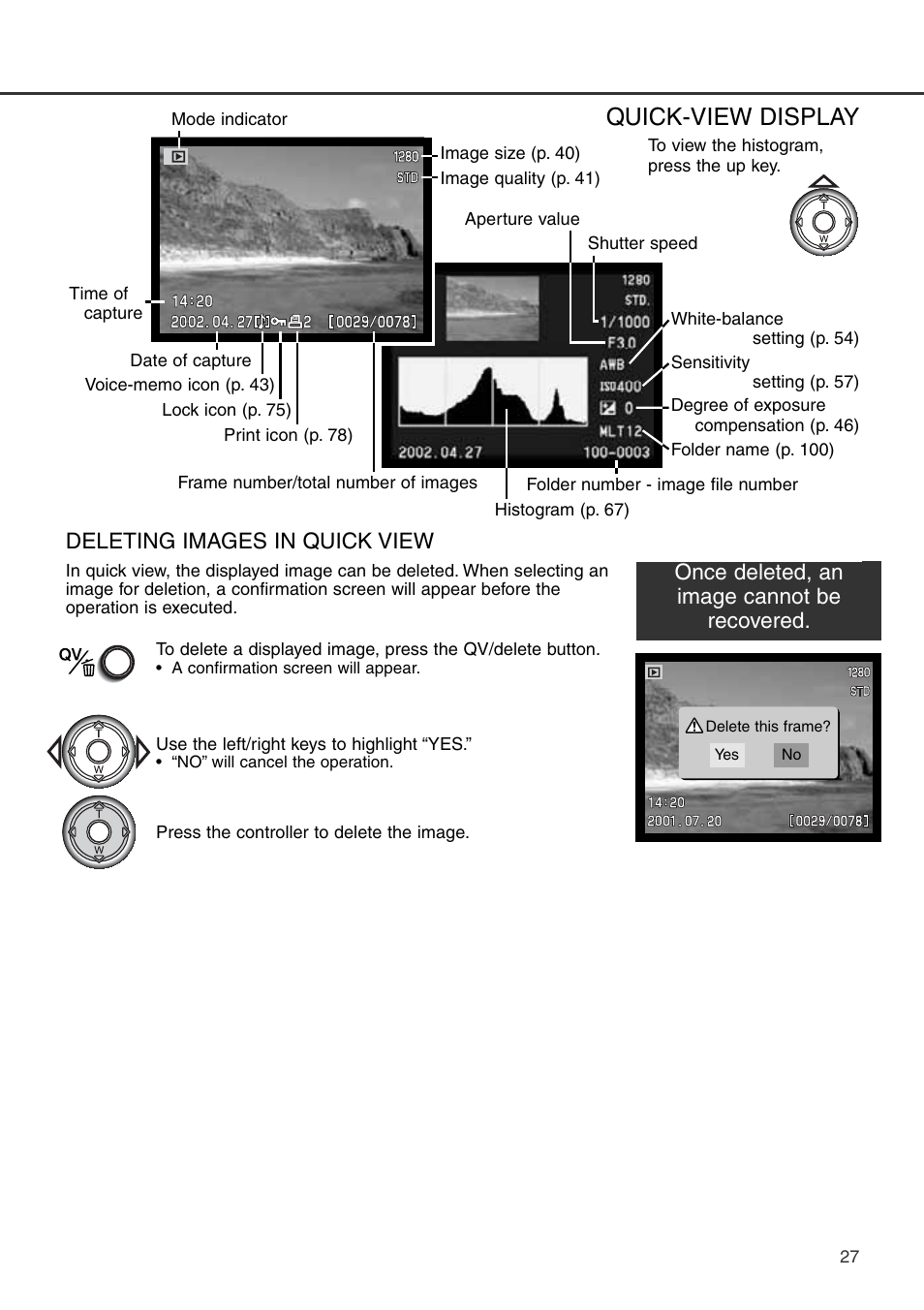 Quick-view display deleting images in quick view, Quick-view display | Konica Minolta DiMAGE S404 User Manual | Page 27 / 116