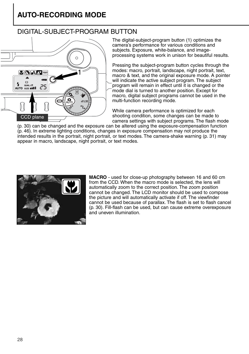 Digital-subject-program button, Auto-recording mode | Konica Minolta DiMAGE S404 User Manual | Page 28 / 116