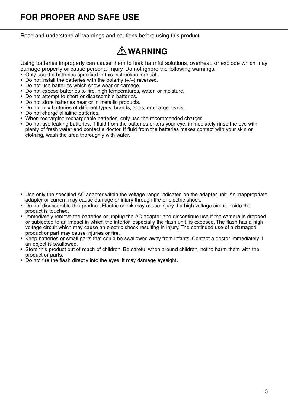 Warning for proper and safe use | Konica Minolta DiMAGE S404 User Manual | Page 3 / 116