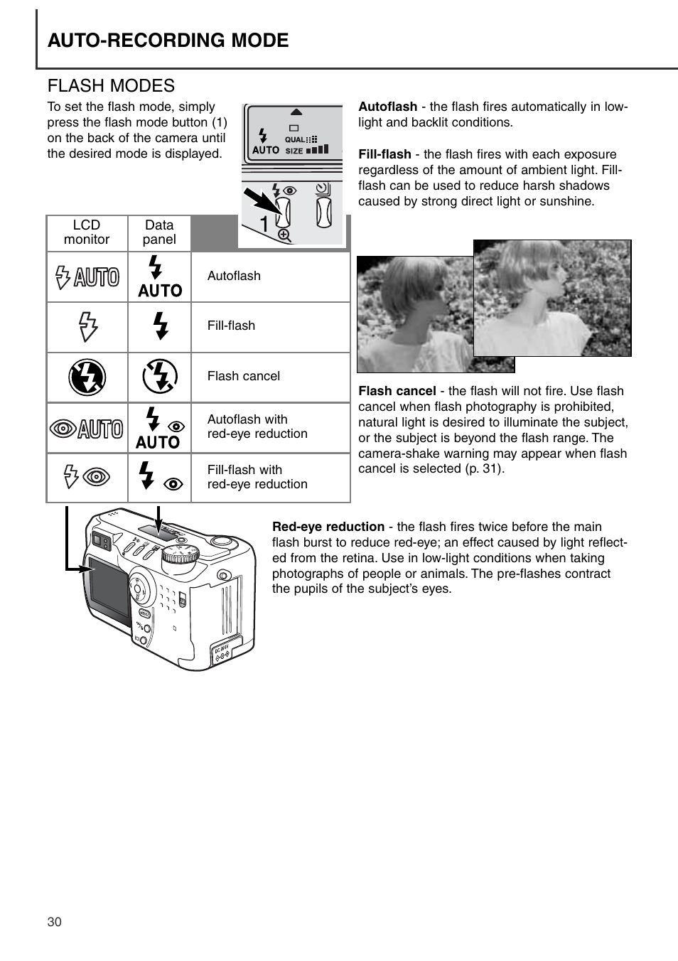 Flash modes, Auto-recording mode | Konica Minolta DiMAGE S404 User Manual | Page 30 / 116