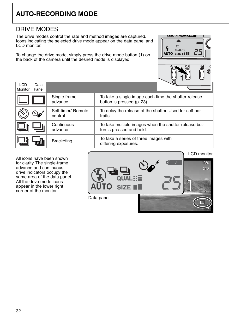 Drive modes, Auto-recording mode | Konica Minolta DiMAGE S404 User Manual | Page 32 / 116