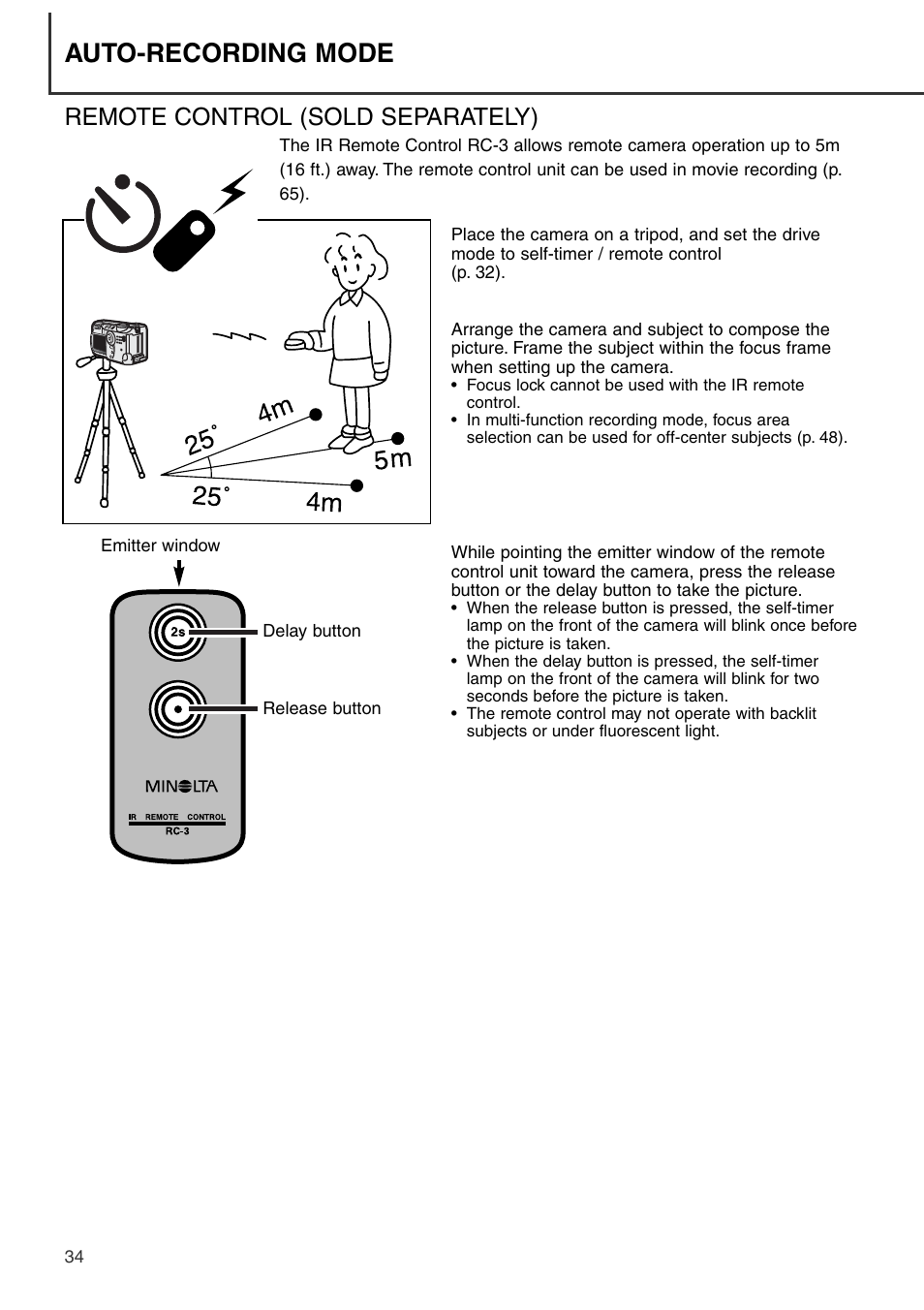 Remote control (sold separately), Auto-recording mode | Konica Minolta DiMAGE S404 User Manual | Page 34 / 116