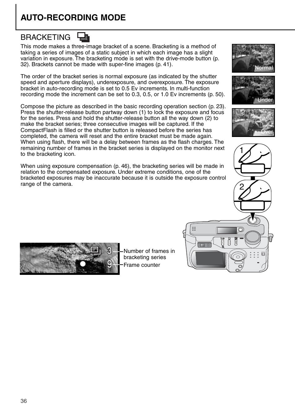 Bracketing, Auto-recording mode 1 2 | Konica Minolta DiMAGE S404 User Manual | Page 36 / 116