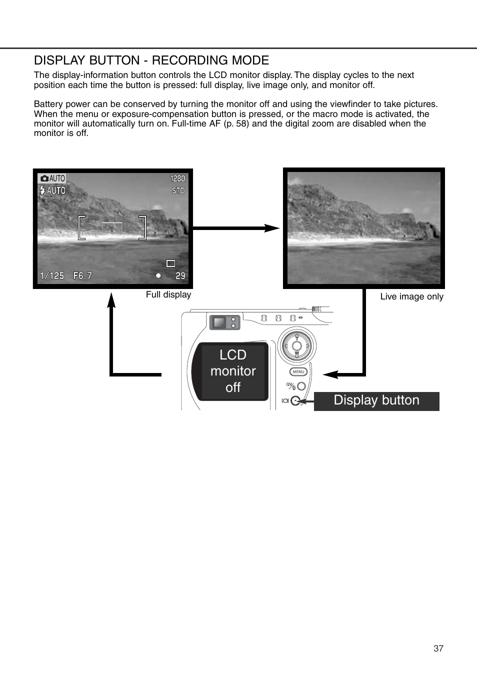 Display button - recording mode, Lcd monitor off, Display button | Konica Minolta DiMAGE S404 User Manual | Page 37 / 116