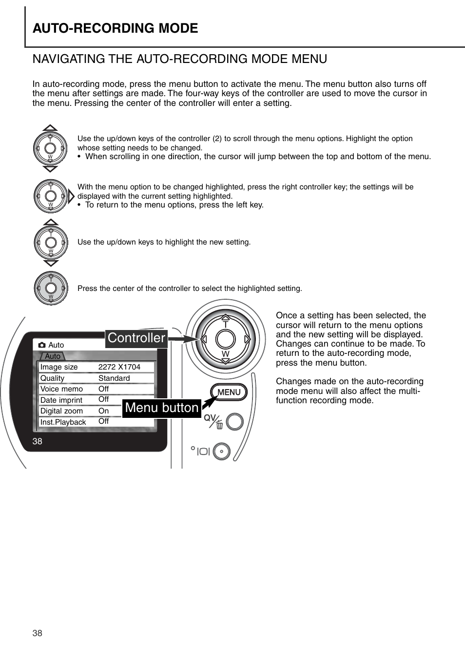 Navigating the auto-recording mode menu, Auto-recording mode menu button controller | Konica Minolta DiMAGE S404 User Manual | Page 38 / 116