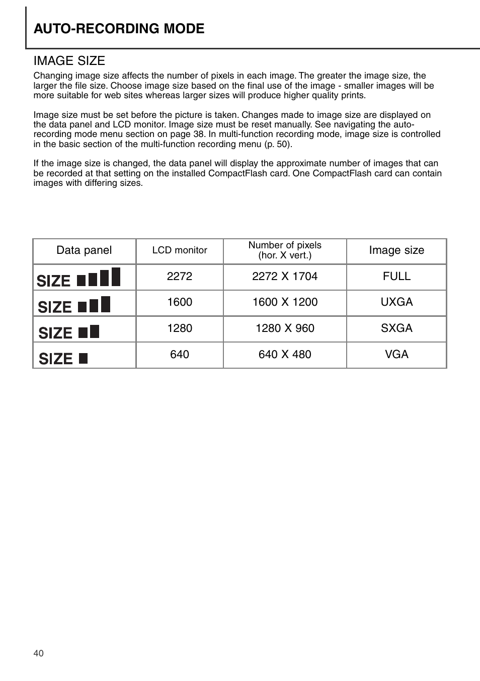 Image size, Auto-recording mode | Konica Minolta DiMAGE S404 User Manual | Page 40 / 116