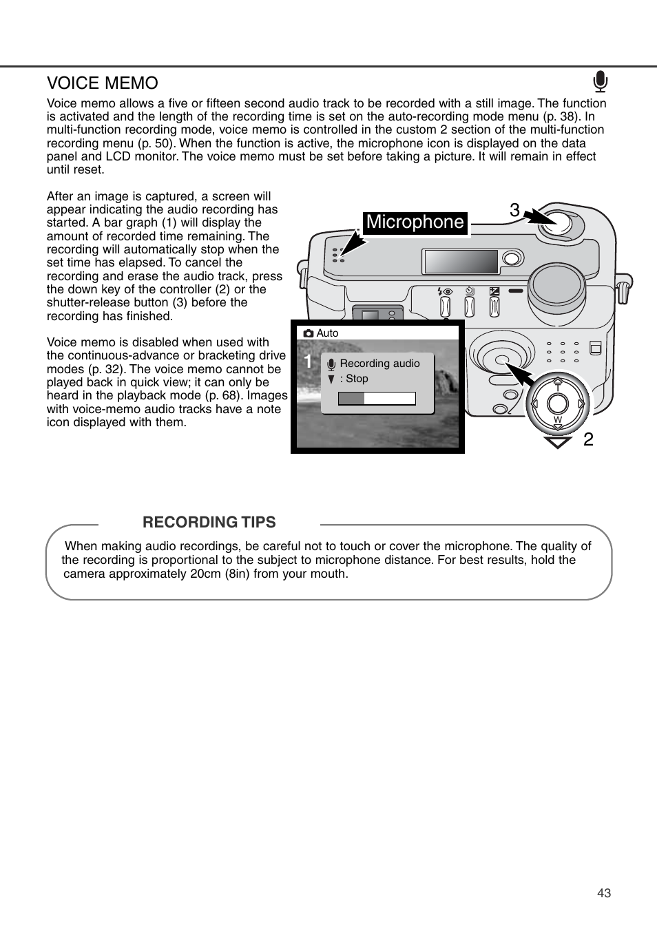 Voice memo, 3microphone | Konica Minolta DiMAGE S404 User Manual | Page 43 / 116