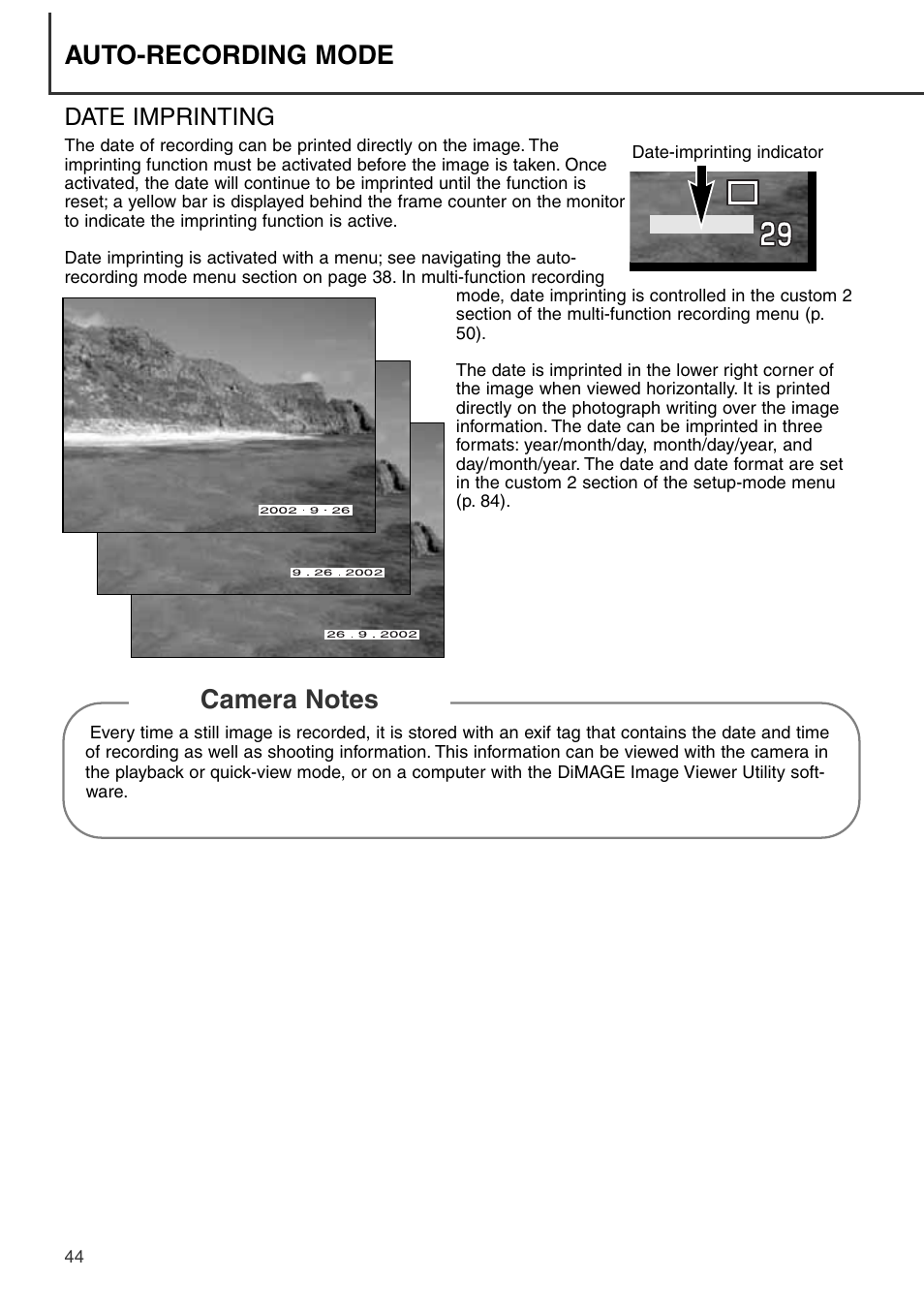 Date imprinting, Auto-recording mode | Konica Minolta DiMAGE S404 User Manual | Page 44 / 116