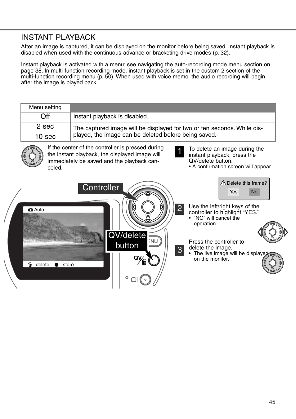 Instant playback, Qv/delete button, Controller | Konica Minolta DiMAGE S404 User Manual | Page 45 / 116
