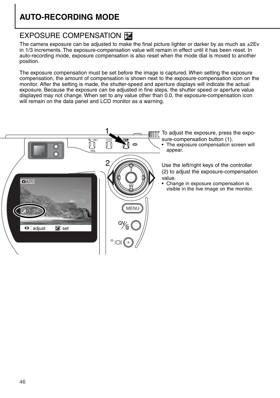 Exposure compensation, Auto-recording mode | Konica Minolta DiMAGE S404 User Manual | Page 46 / 116