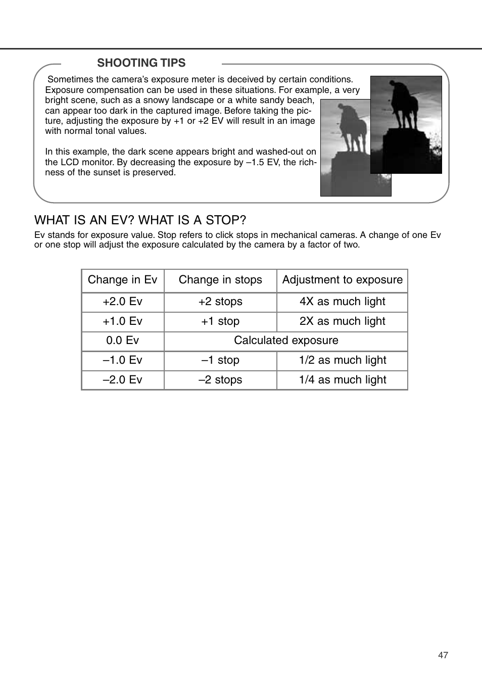 What is an ev? what is a stop | Konica Minolta DiMAGE S404 User Manual | Page 47 / 116