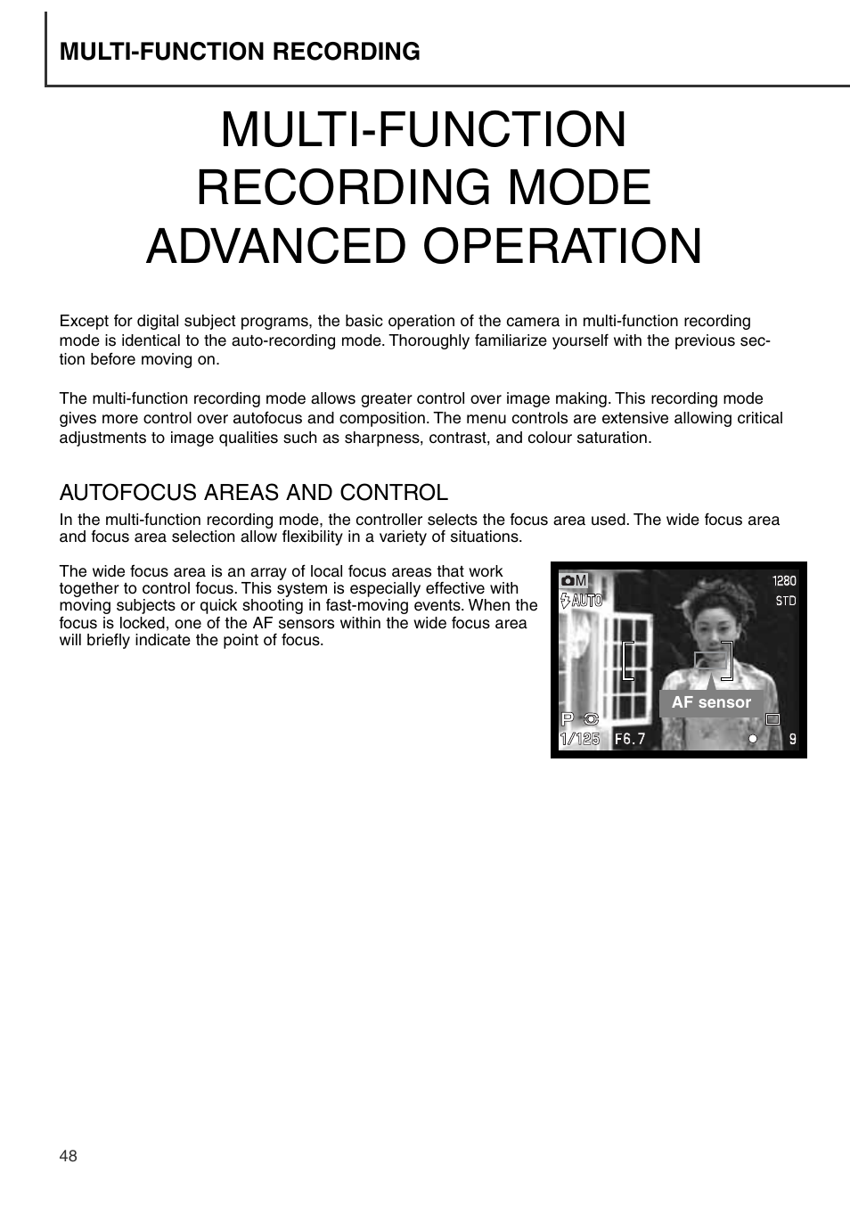 Multi-function recording mode - advanced operation, Autofocus areas and control, Multi-function recording mode advanced operation | Konica Minolta DiMAGE S404 User Manual | Page 48 / 116