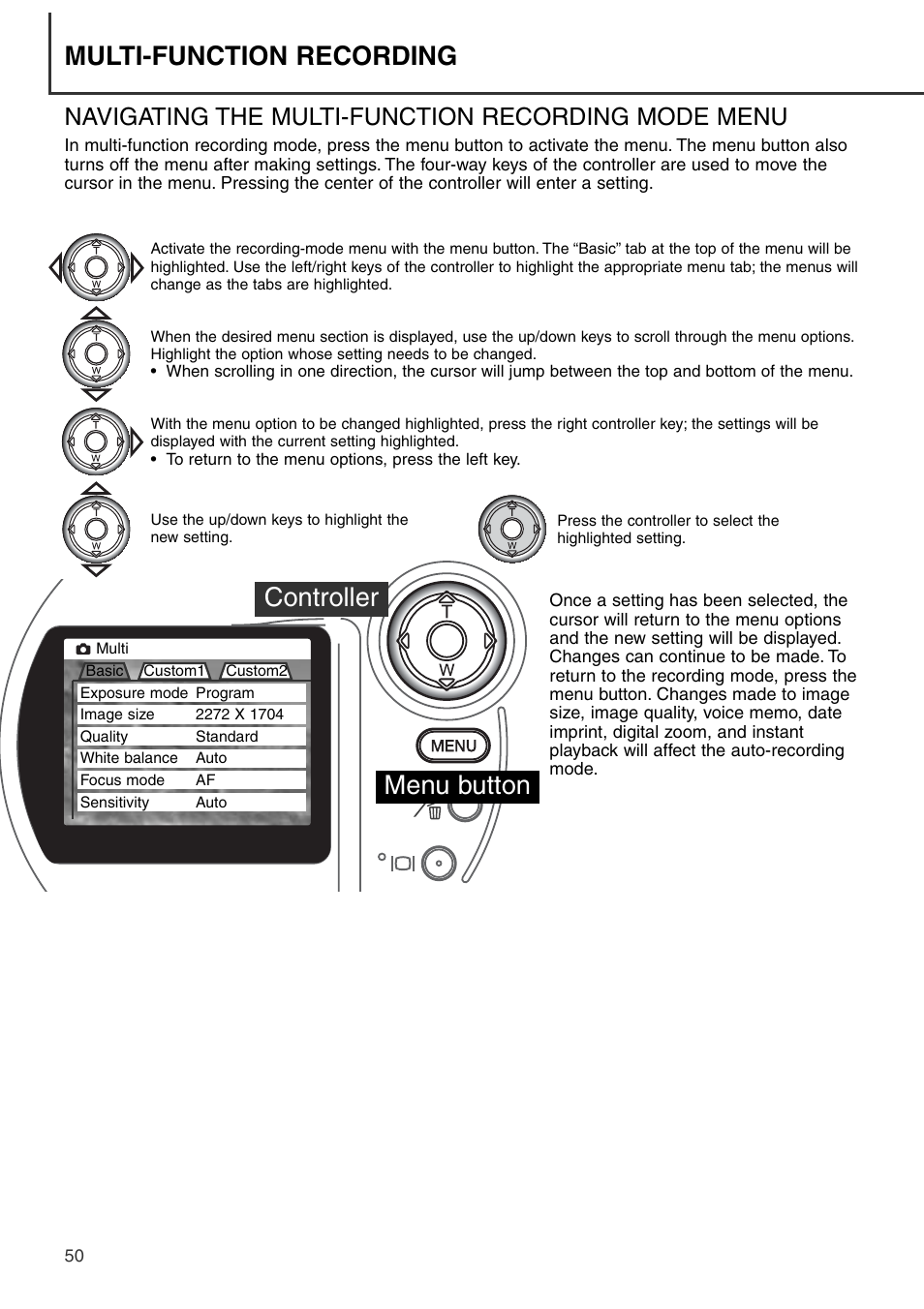 Navigating the multi-function recording mode menu, Menu button controller, Multi-function recording | Konica Minolta DiMAGE S404 User Manual | Page 50 / 116