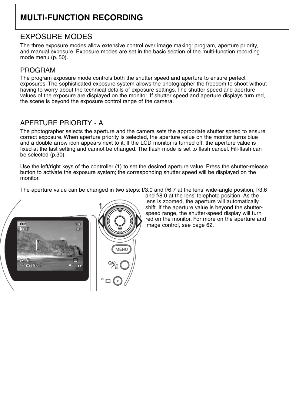 Exposure modes, Program aperture priority - a, Multi-function recording | Konica Minolta DiMAGE S404 User Manual | Page 52 / 116