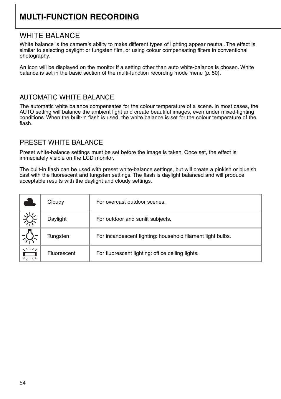 White balance, Automatic white balance preset white balance, Multi-function recording | Konica Minolta DiMAGE S404 User Manual | Page 54 / 116