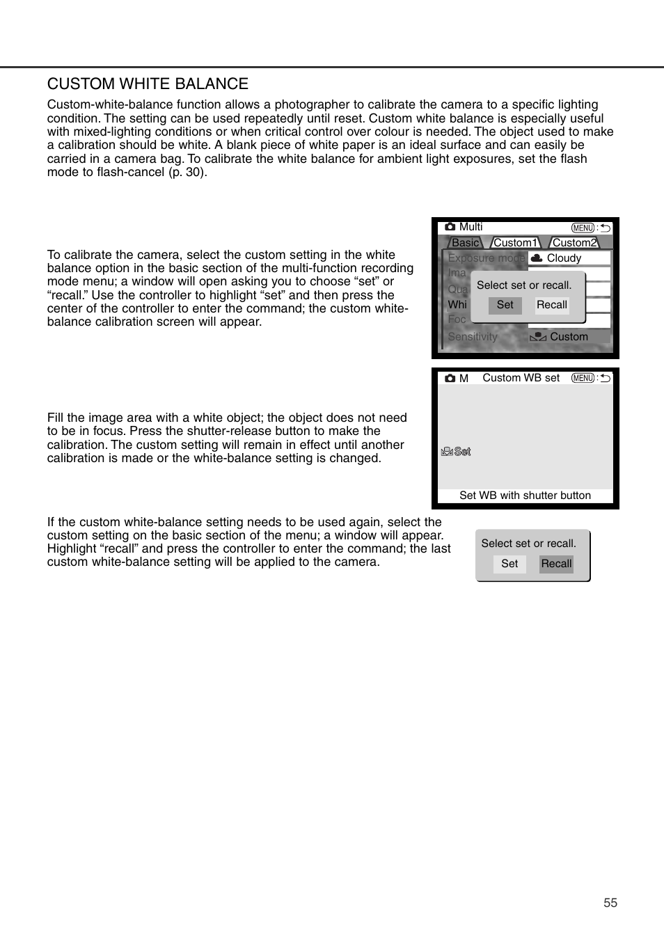 Custom white balance | Konica Minolta DiMAGE S404 User Manual | Page 55 / 116
