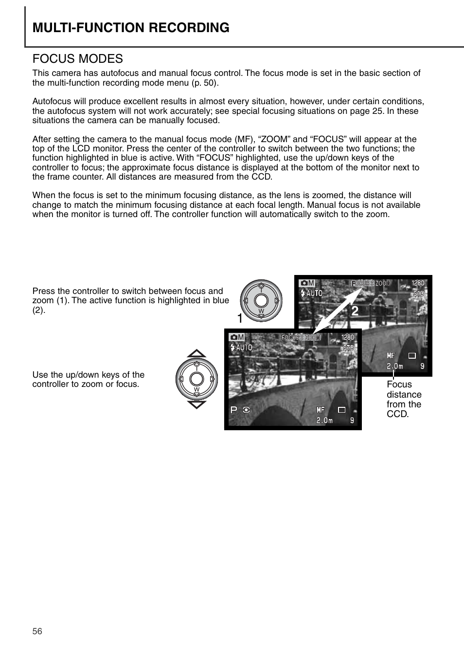 Focus modes, Multi-function recording | Konica Minolta DiMAGE S404 User Manual | Page 56 / 116