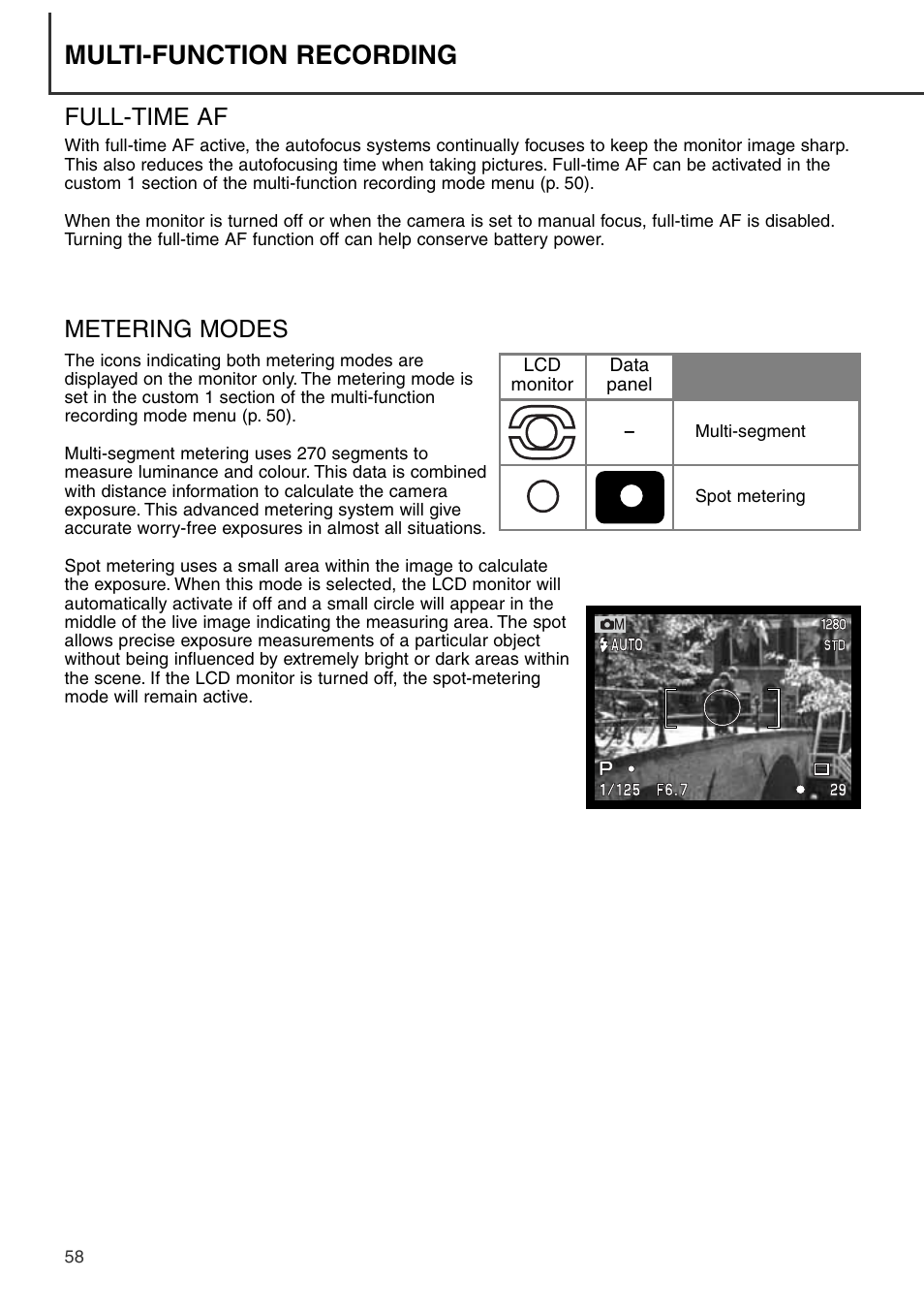 Full-time af metering modes, Multi-function recording, Metering modes | Full-time af | Konica Minolta DiMAGE S404 User Manual | Page 58 / 116