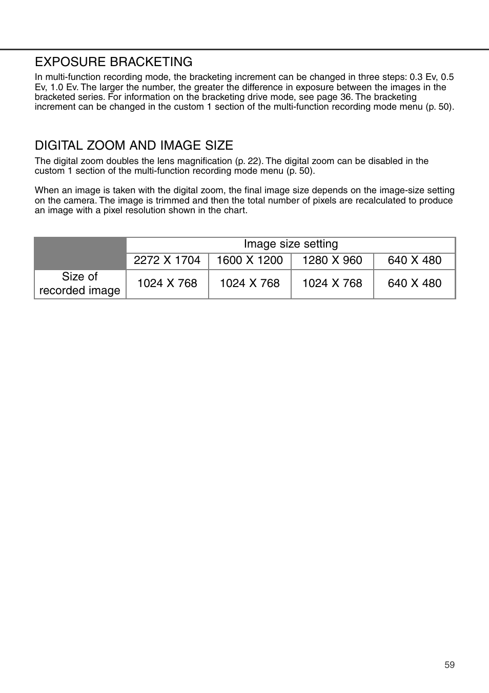 Exposure bracketing digital zoom and image size | Konica Minolta DiMAGE S404 User Manual | Page 59 / 116