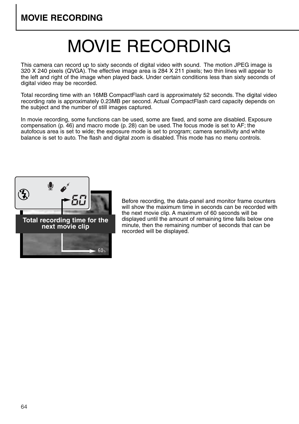 Movie recording | Konica Minolta DiMAGE S404 User Manual | Page 64 / 116