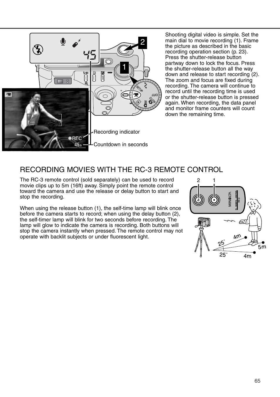 Recording movies with the rc-3 remote control | Konica Minolta DiMAGE S404 User Manual | Page 65 / 116