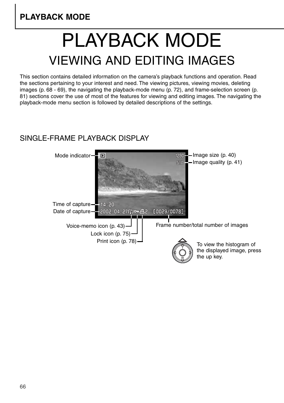 Playback mode - viewing and editing images, Single-frame playback display, Viewing and editing images | Playback mode | Konica Minolta DiMAGE S404 User Manual | Page 66 / 116