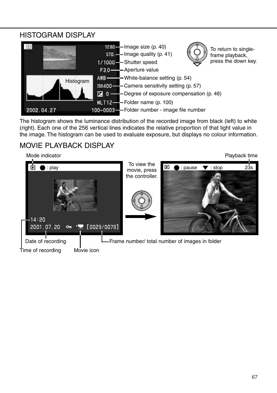 Histogram display movie playback display, Movie playback display, Histogram display | Konica Minolta DiMAGE S404 User Manual | Page 67 / 116