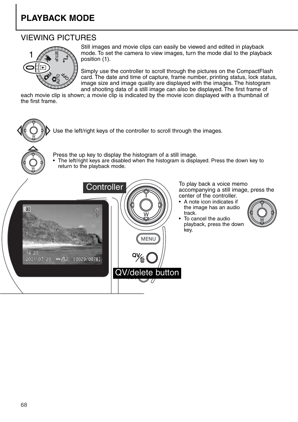 Viewing pictures, Qv/delete button, 1controller | Playback mode | Konica Minolta DiMAGE S404 User Manual | Page 68 / 116
