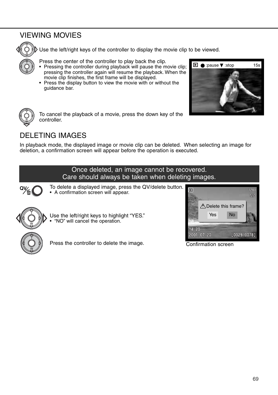 Viewing movies deleting images, Deleting images, Viewing movies | Konica Minolta DiMAGE S404 User Manual | Page 69 / 116