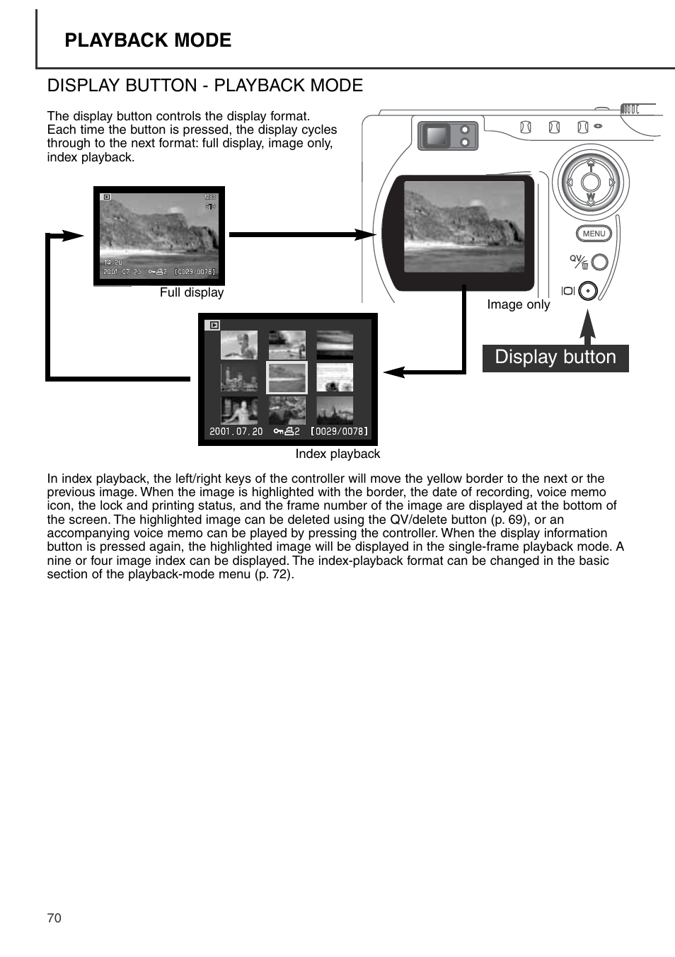 Display button - playback mode, Playback mode, Display button | Konica Minolta DiMAGE S404 User Manual | Page 70 / 116