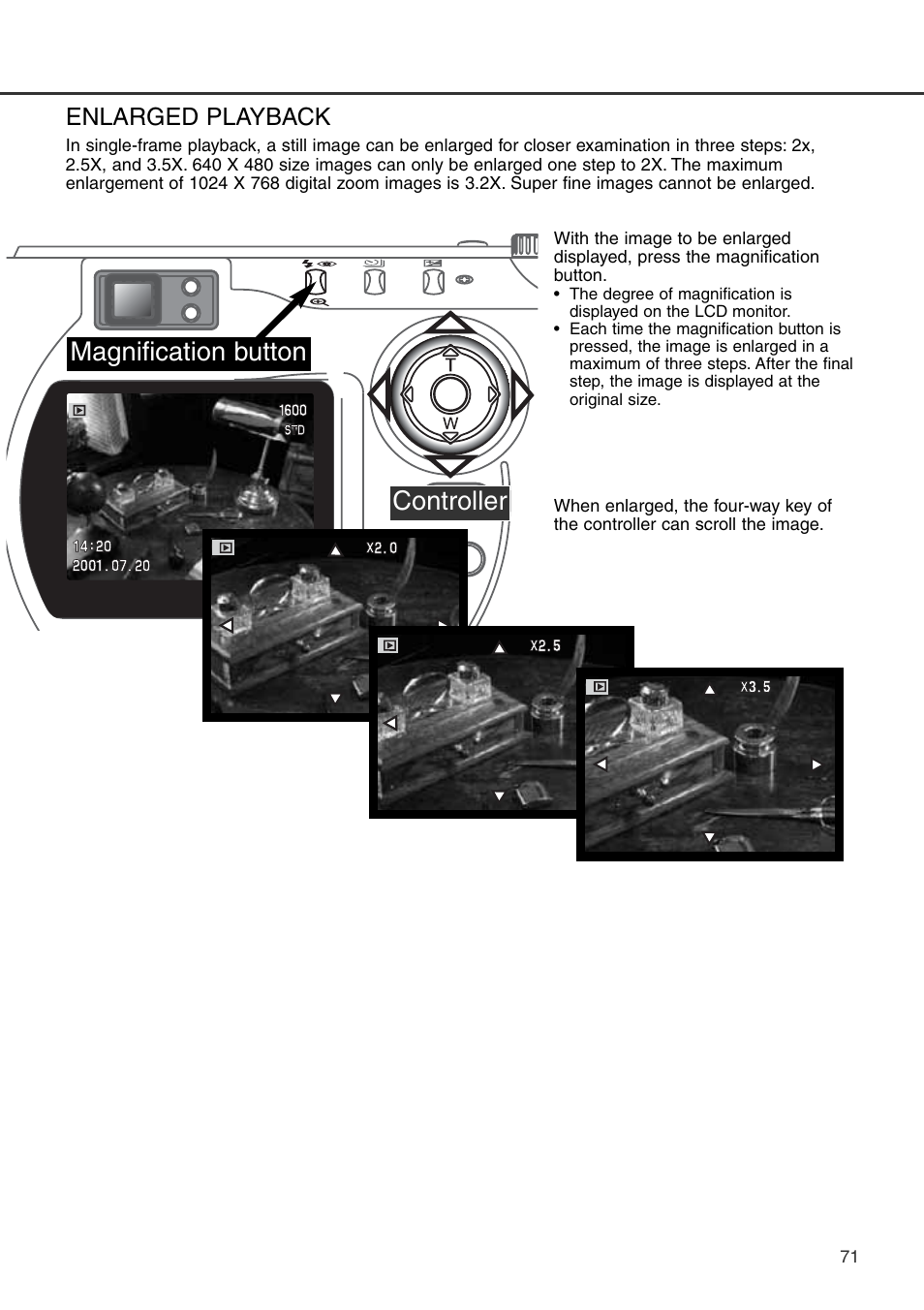 Enlarged playback, Controller, Magnification button | Konica Minolta DiMAGE S404 User Manual | Page 71 / 116