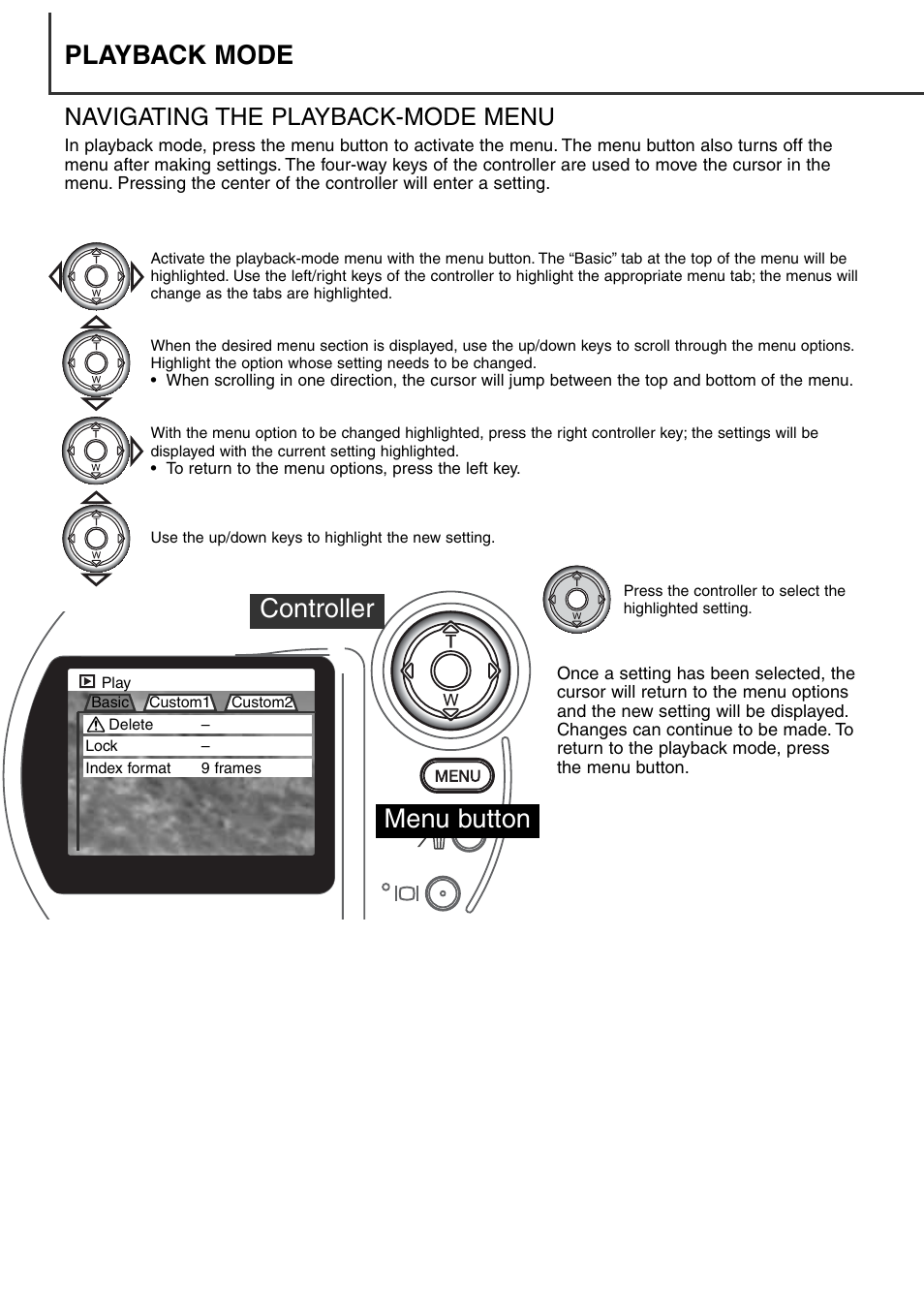 Navigating the playback-mode menu, Menu button controller, Playback mode | Konica Minolta DiMAGE S404 User Manual | Page 72 / 116