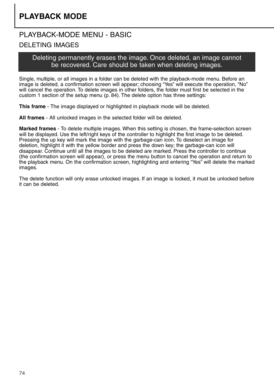 Playback-mode menu - basic, Deleting images, Playback mode | Konica Minolta DiMAGE S404 User Manual | Page 74 / 116