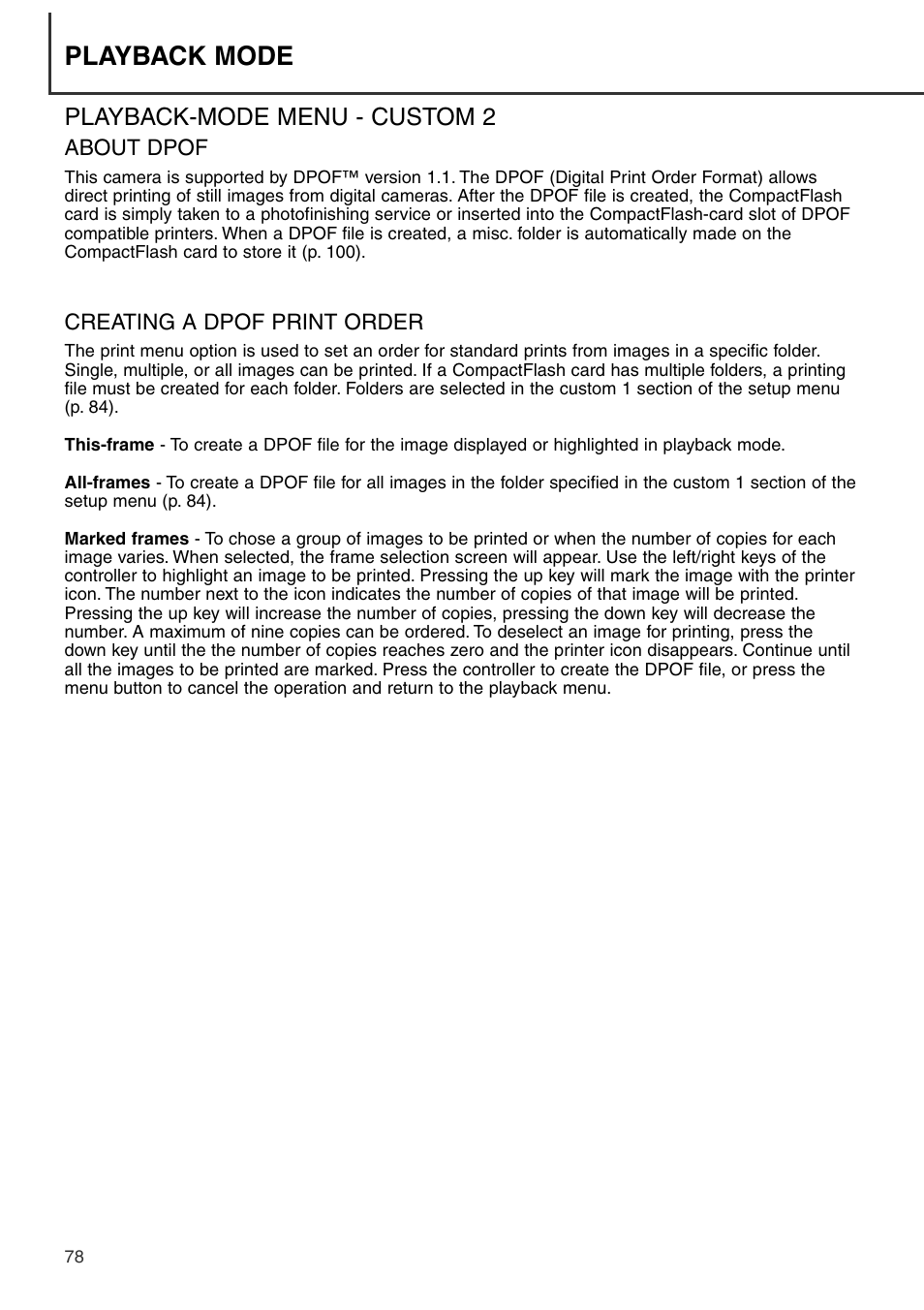 Playback-mode menu - custom 2, About dpof creating a dpof print order, Playback mode | Konica Minolta DiMAGE S404 User Manual | Page 78 / 116