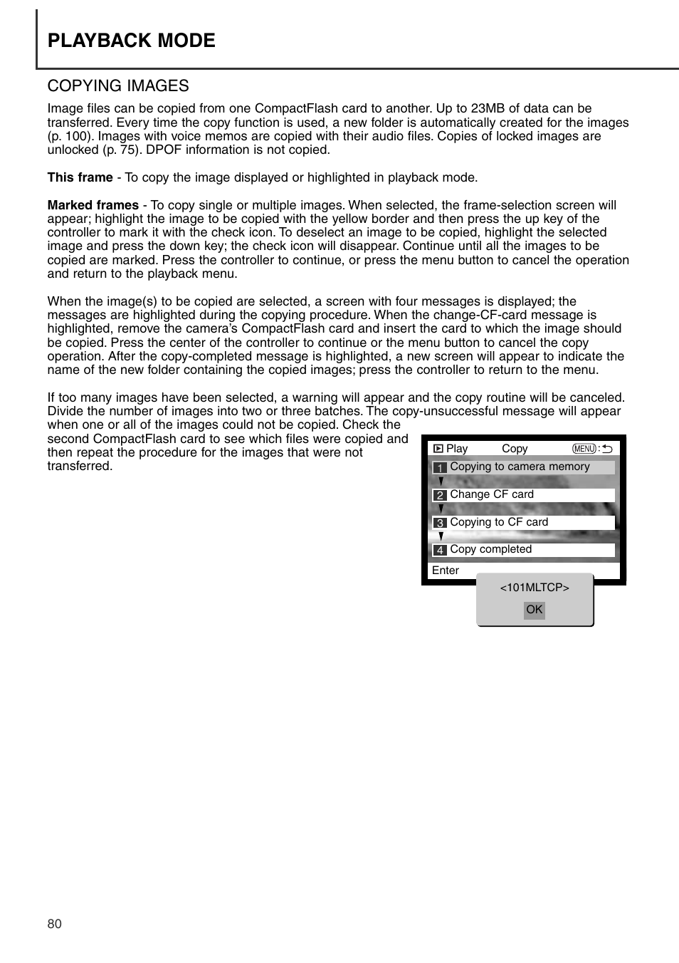 Copying images, Playback mode | Konica Minolta DiMAGE S404 User Manual | Page 80 / 116