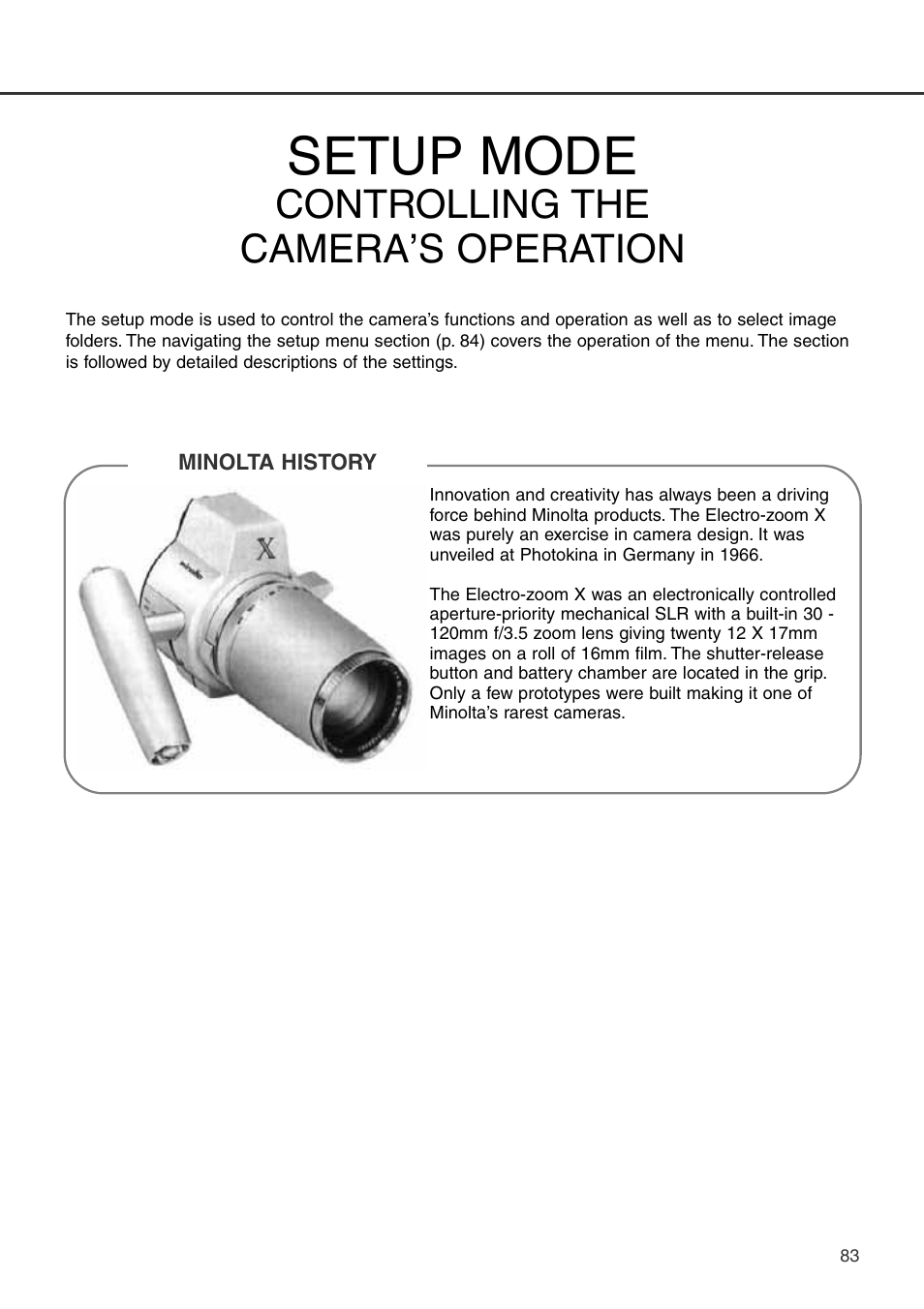 Setup mode - controlling the camera’s operation, Setup mode, Controlling the camera’s operation | Konica Minolta DiMAGE S404 User Manual | Page 83 / 116