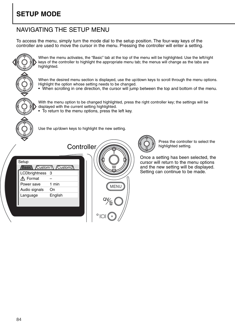 Navigating the setup menu, Setup mode controller | Konica Minolta DiMAGE S404 User Manual | Page 84 / 116